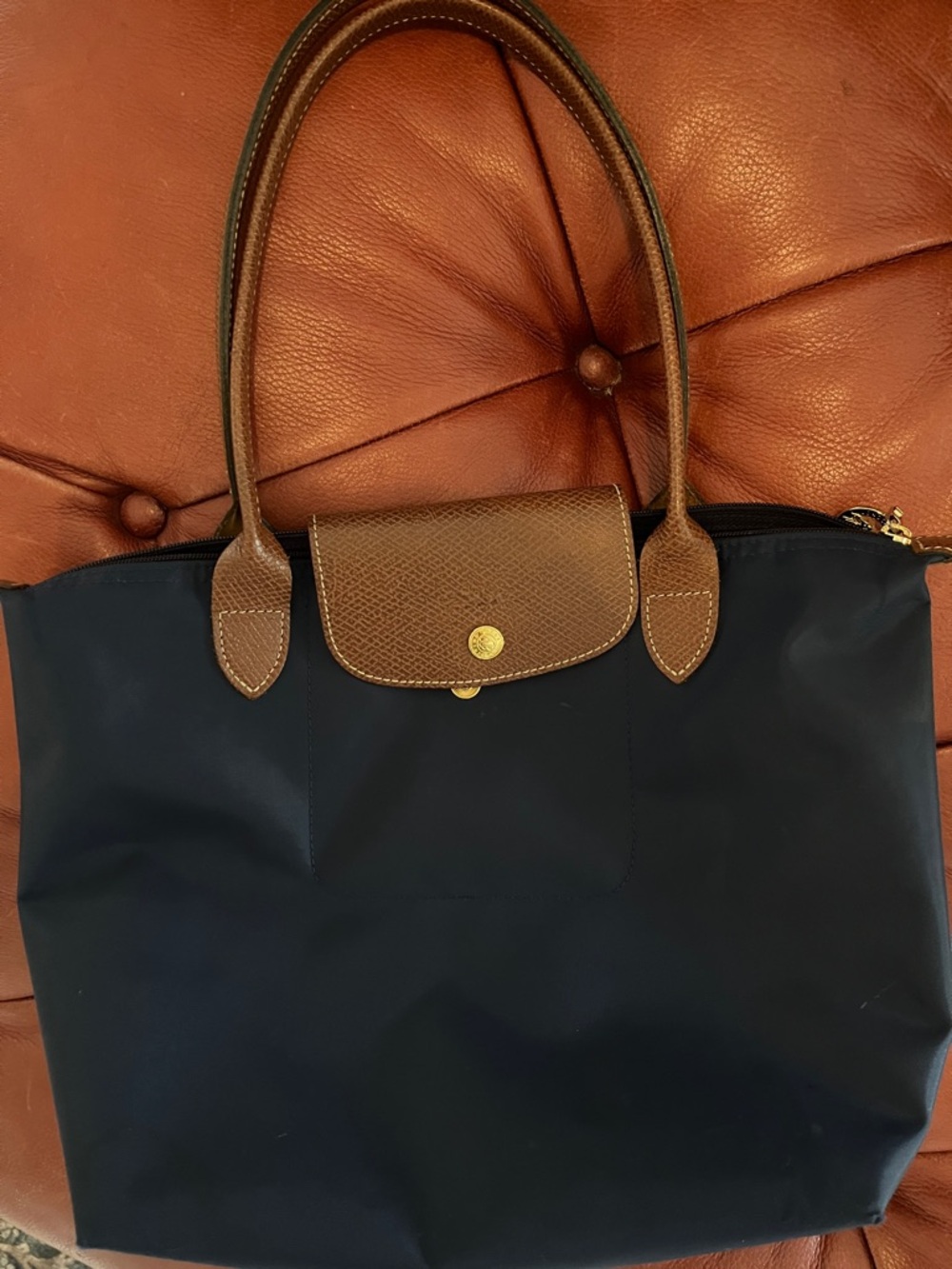 Longchamp Navy Tote with Brown Leather Trim